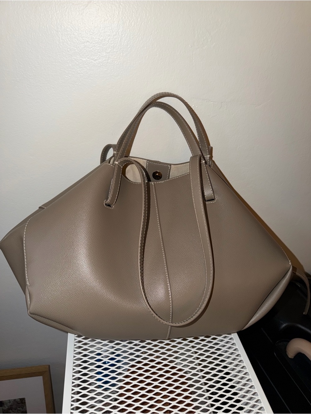Taupe Structured Leather Tote Bag - Women's Handbag - Picture 3 of 8